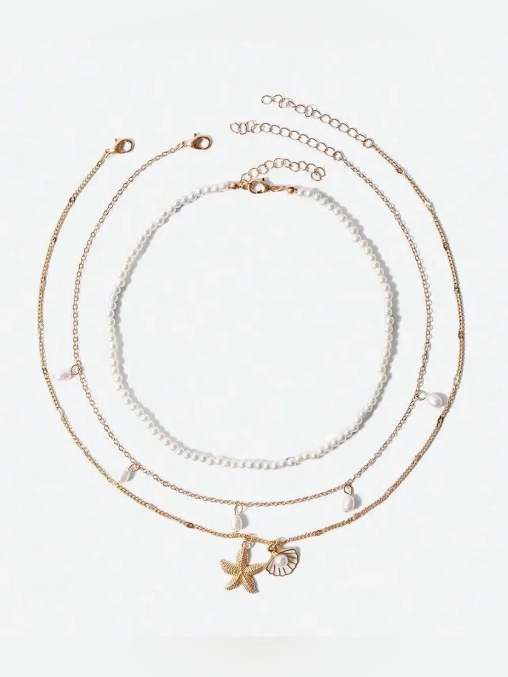 Gold White Pearl Layered Necklace with Sea Charms N1486